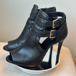 Michael Kors Black Peep-Toe Heels with Gold Buckles